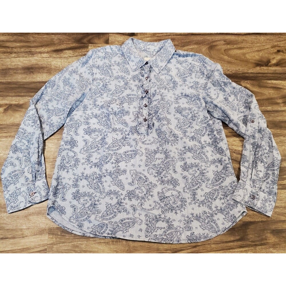 Talbots Womens Small Blue Paisley Blouse Top Shirt Collared 100% Cotton